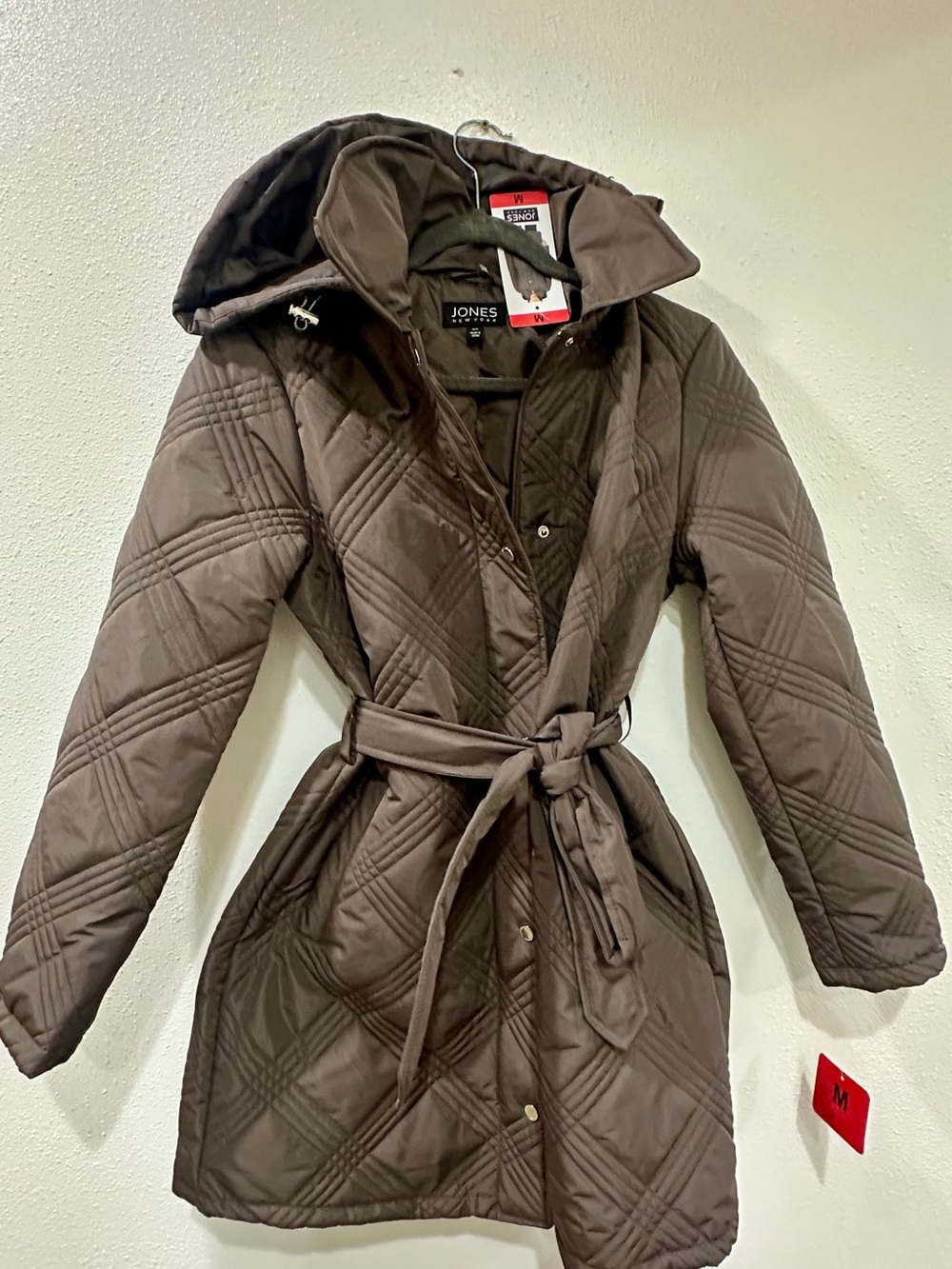 Jones New York Brown Quilted Hooded Belted Puffer Coat